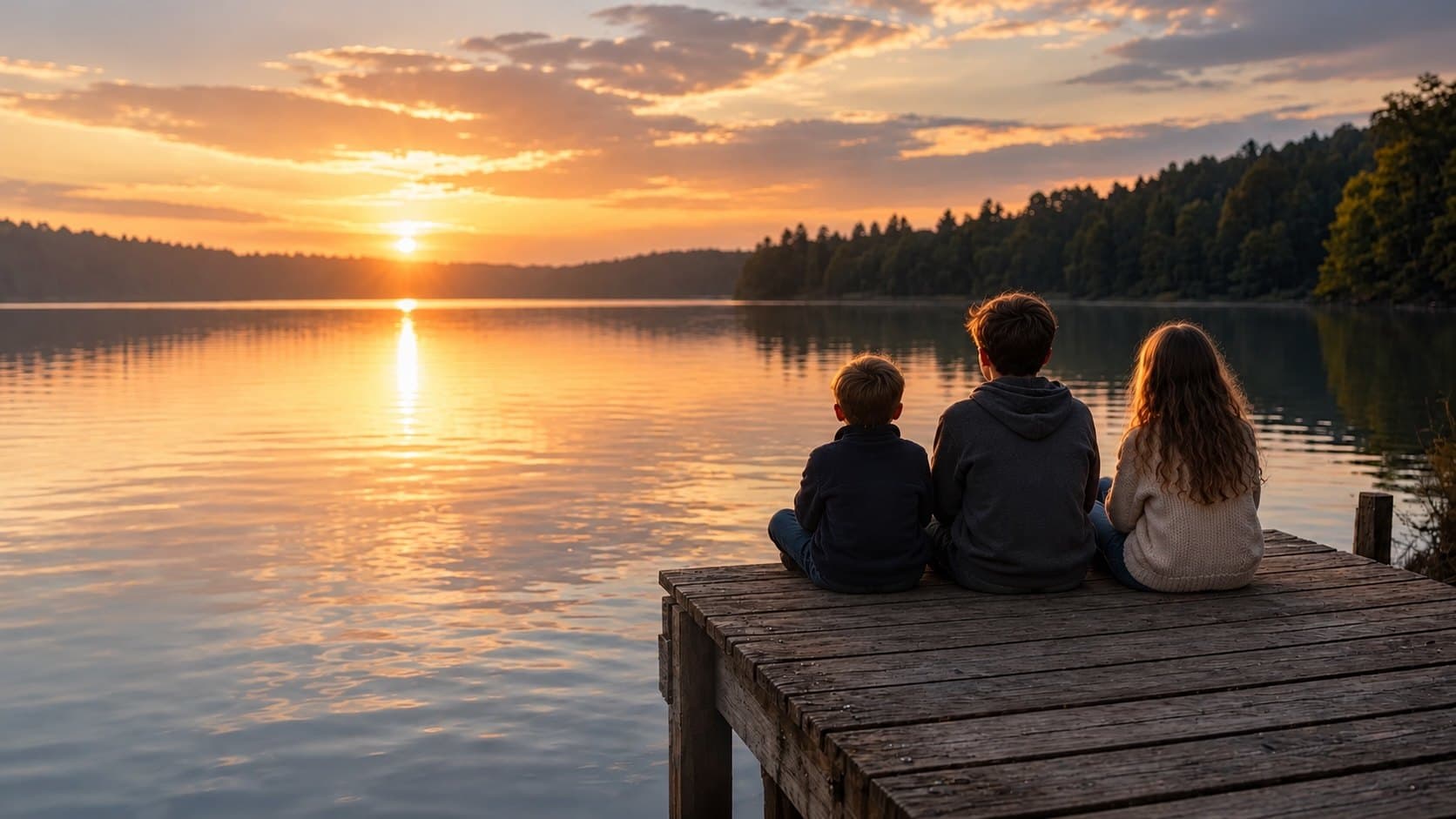 Three children sitting side by side on a wooden dock at sunset, looking out over a calm lake